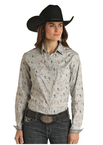 Skull/ Boot Ladies Snap Shirt
