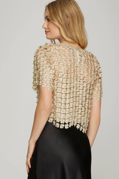Top, Lurex Crochet Lace Pearl