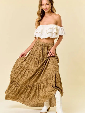 Skirt, Printed Tiered Mustard Gold