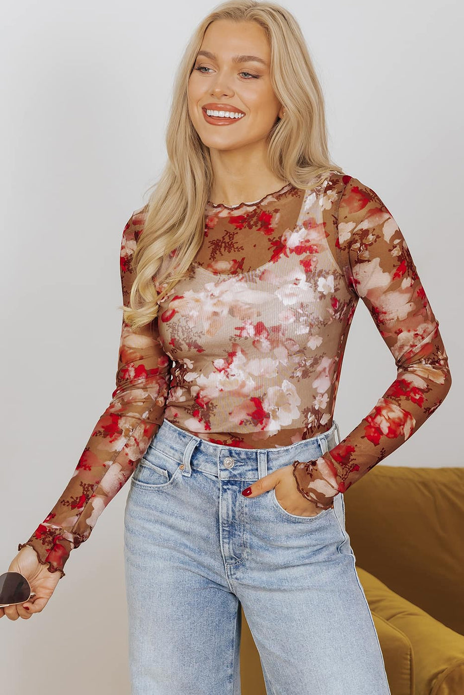 Top, Red Floral Mesh