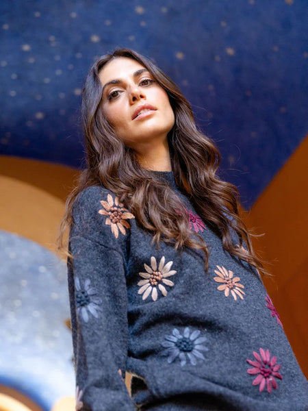 Sweater. Mock Neck Flower Embroidery
