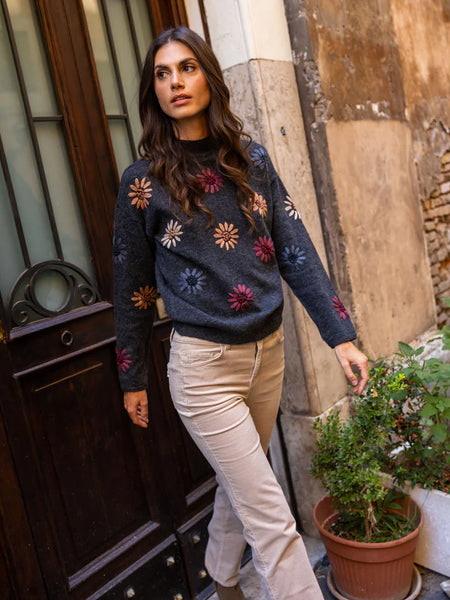 Sweater. Mock Neck Flower Embroidery