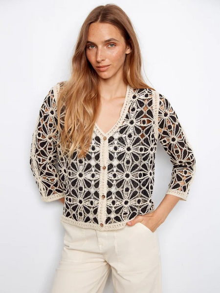 Darling 3/4 Slv Crochet V-Neck Cardigan