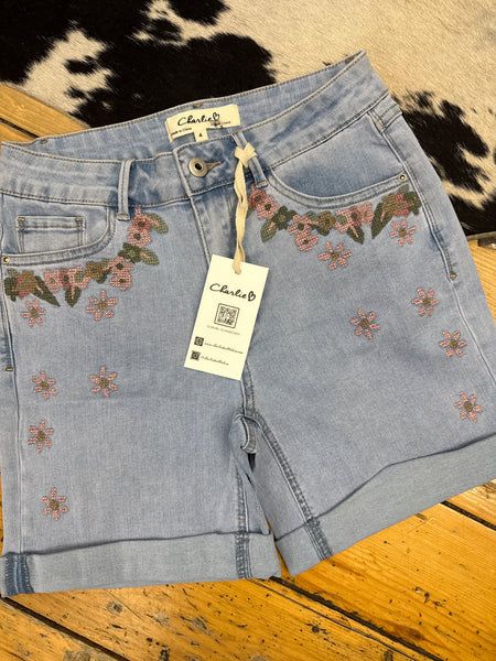 Shorts, Embroidered Stretch