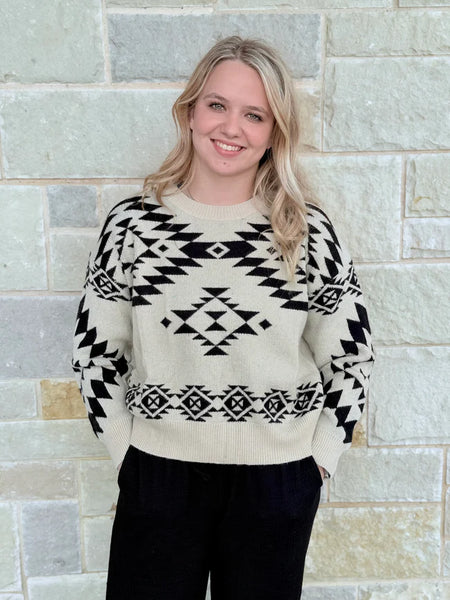 Sweater, Ivory/Black Aztec