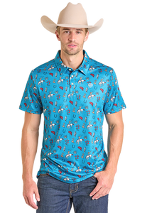 Men's Polo, Turq Printed