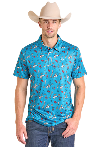 Men's Polo, Turq Printed