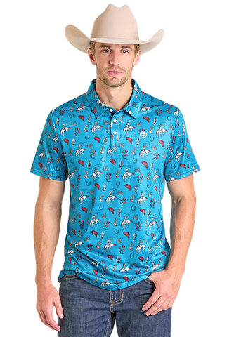 Men's Polo, Turq Printed