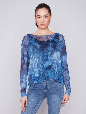 Top, Sheer Crewneck Denim