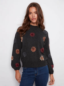 Sweater. Mock Neck Flower Embroidery