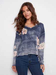 Sweater. Reversible W/Floral Placement