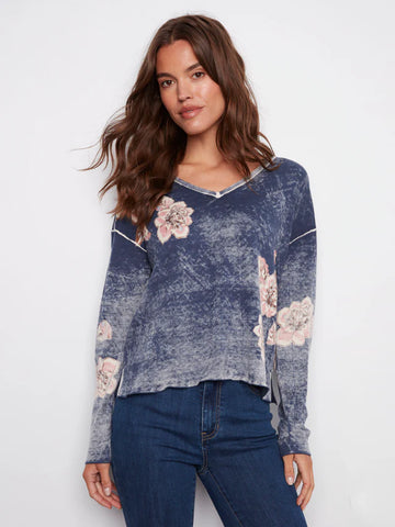 Sweater. Reversible W/Floral Placement