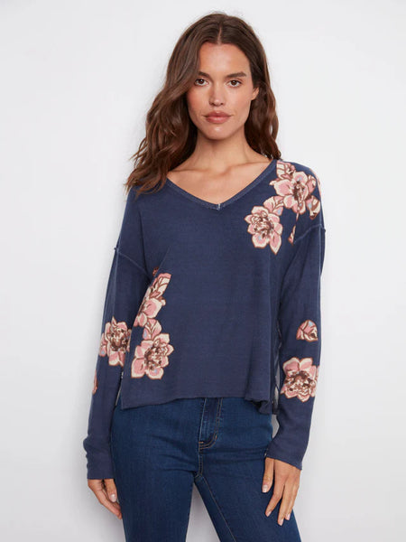 Sweater. Reversible W/Floral Placement