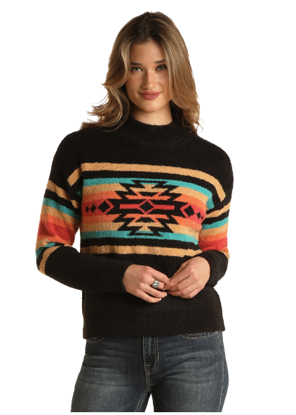 Sweater, Mock Neck Aztec Black
