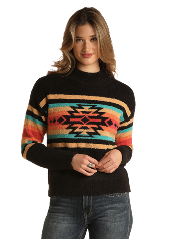 Sweater, Mock Neck Aztec Black