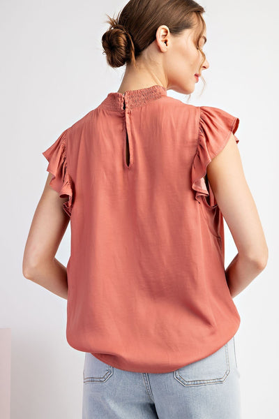 Top, Smocked Neck Ruffle Slv