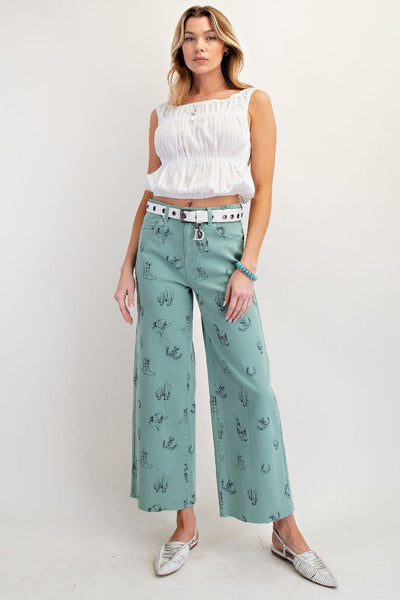 Pant, Western Print Sage Blue