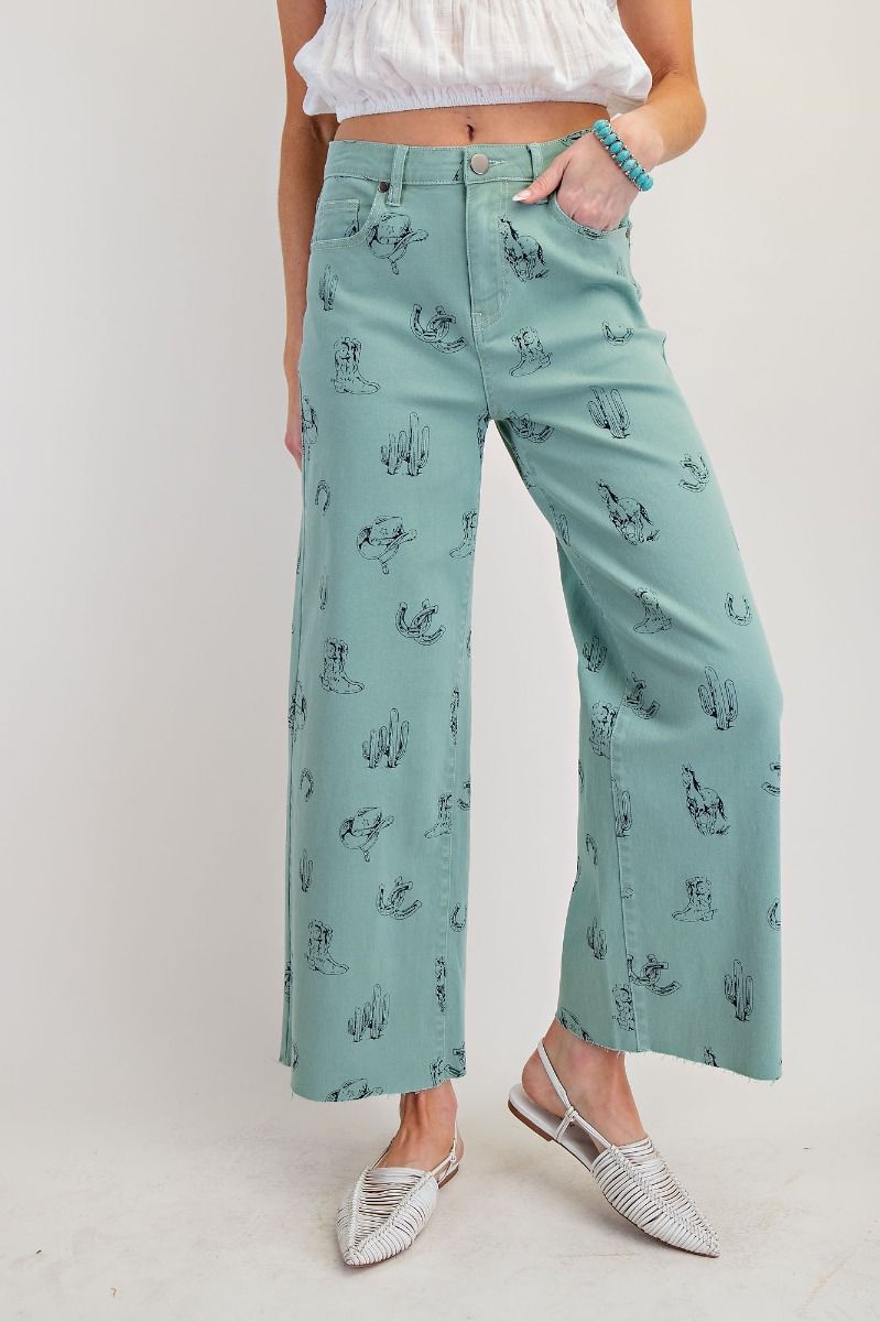 Pant, Western Print Sage Blue