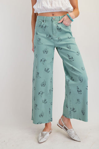 Pant, Western Print Sage Blue