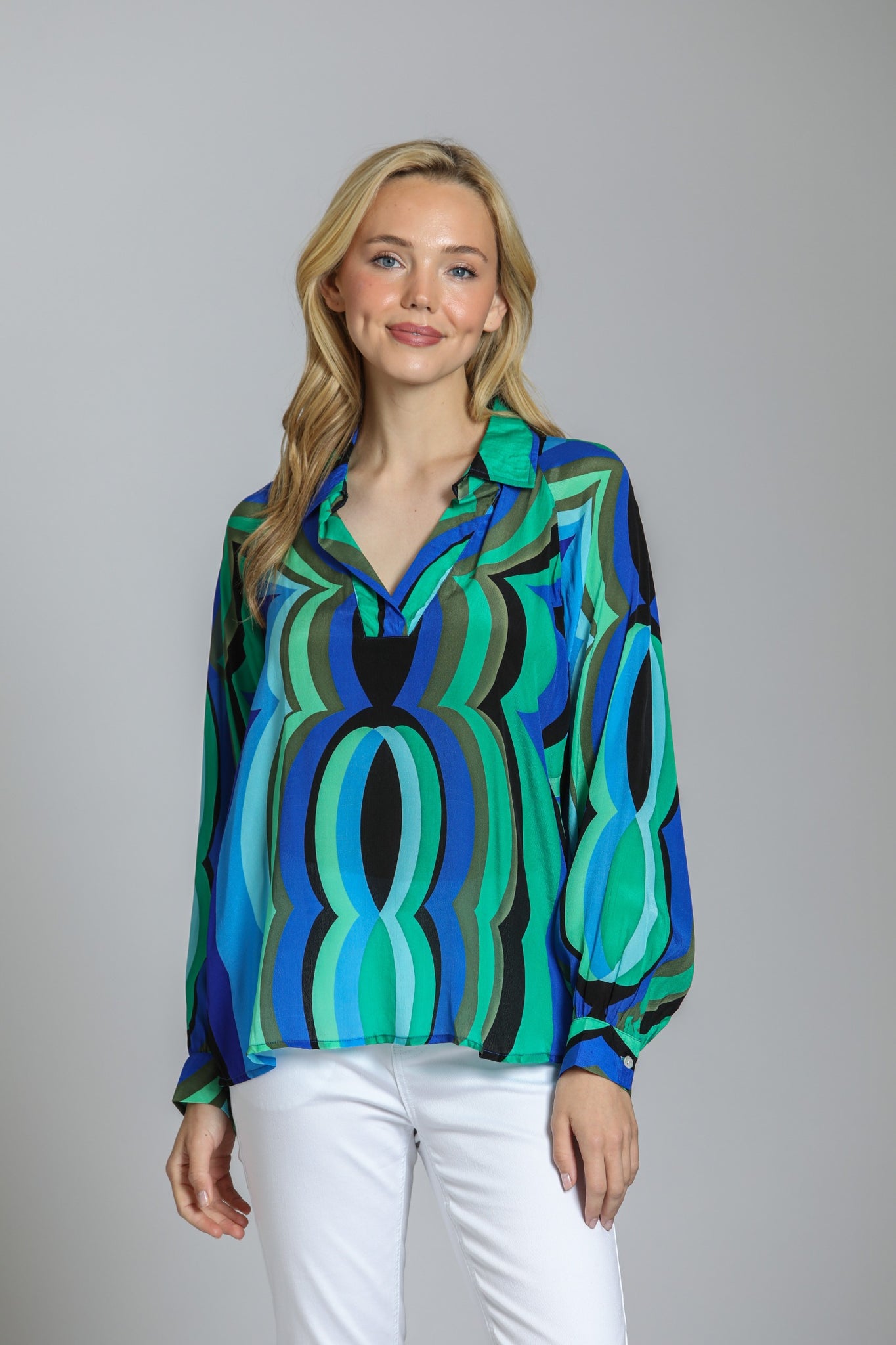 Top, LS Blue Multi Pullover