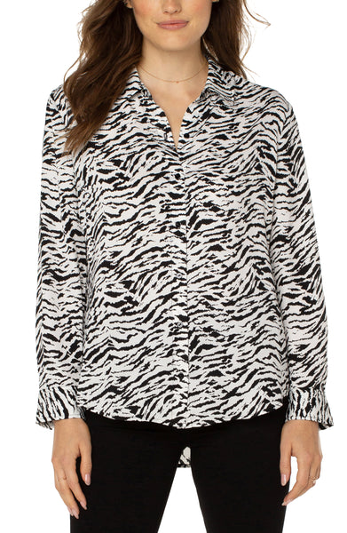 Top, B/W Button Front Woven Blouse